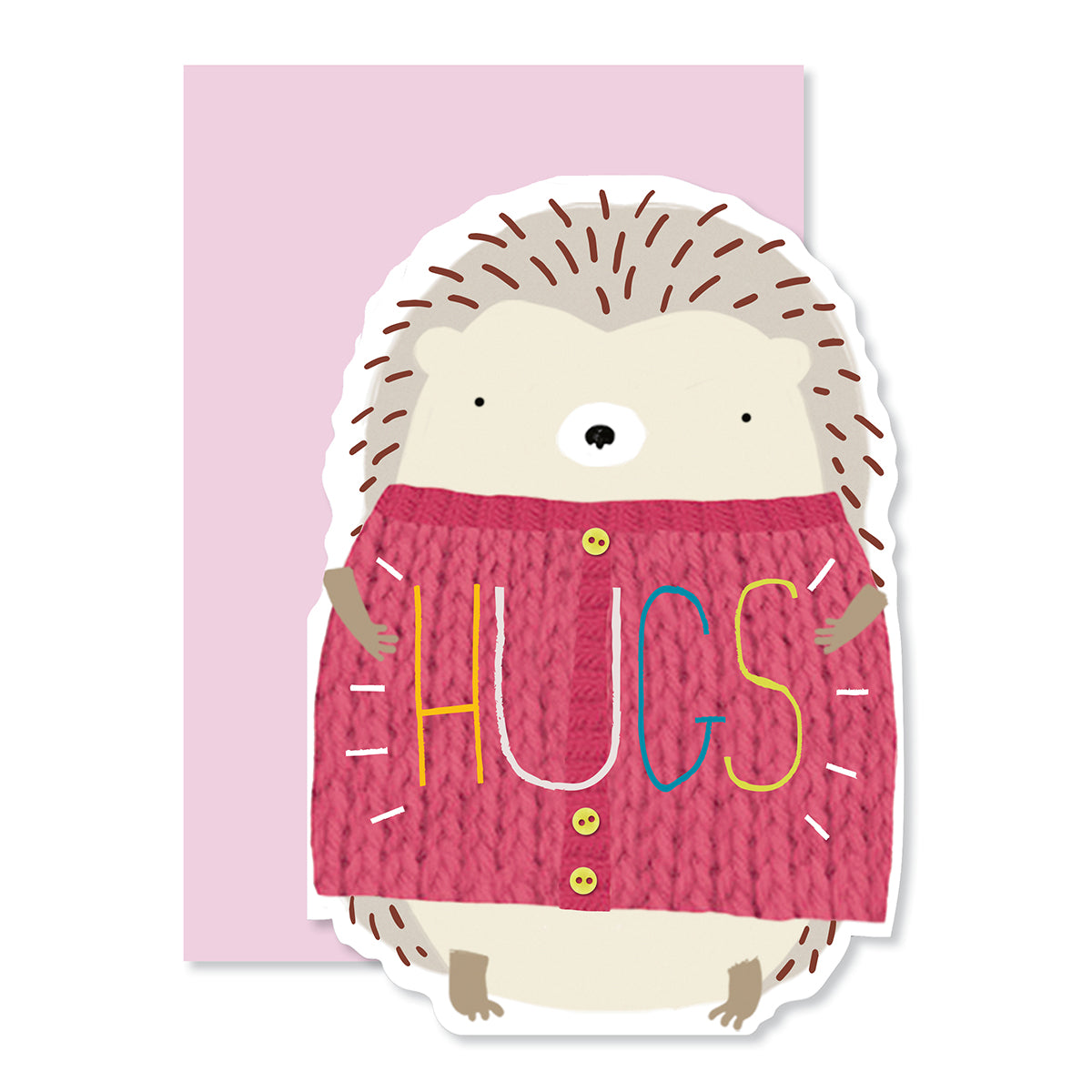 Hallmark Mother's Day Card - Hedgehog Hugs with a hedgehog wearing a pink cardigan displaying the message 'HUGS', cut-out design.