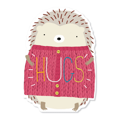 Hallmark Mother's Day Card - Hedgehog Hugs featuring a cute hedgehog in a pink cardigan with the word 'HUGS' on the front, cut shape design.