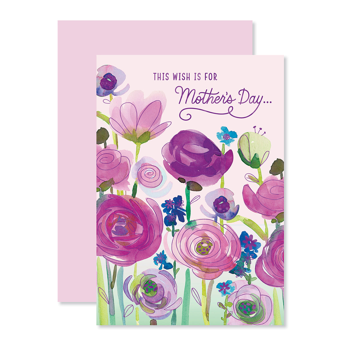 Hallmark Mother's Day Card - This Wish featuring watercolour floral illustrations and purple foil highlights, front view with lilac envelope.