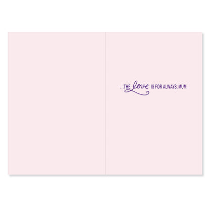 Hallmark Mother's Day Card - This Wish, inside view, featuring the message 'THE love IS FOR ALWAYS, MUM' in purple on a pale pink background.