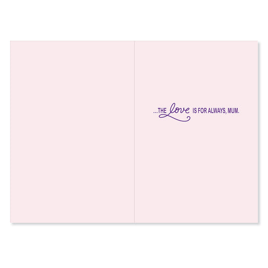 Hallmark Mother's Day Card - This Wish, inside view, featuring the message 'THE love IS FOR ALWAYS, MUM' in purple on a pale pink background.