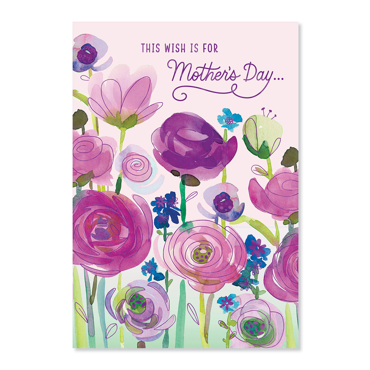Hallmark Mother's Day Card - This Wish with watercolour floral illustrations and purple foil highlights, front view.