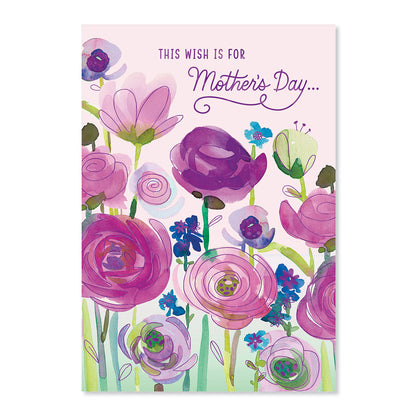 Hallmark Mother's Day Card - This Wish with watercolour floral illustrations and purple foil highlights, front view.
