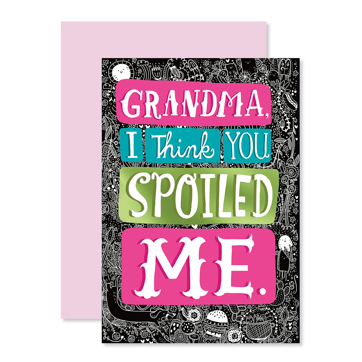 Hallmark Mother's Day Card For Grandma - Amazing As You featuring colourful text and chalkboard doodle design, flat lay view with pink envelope.