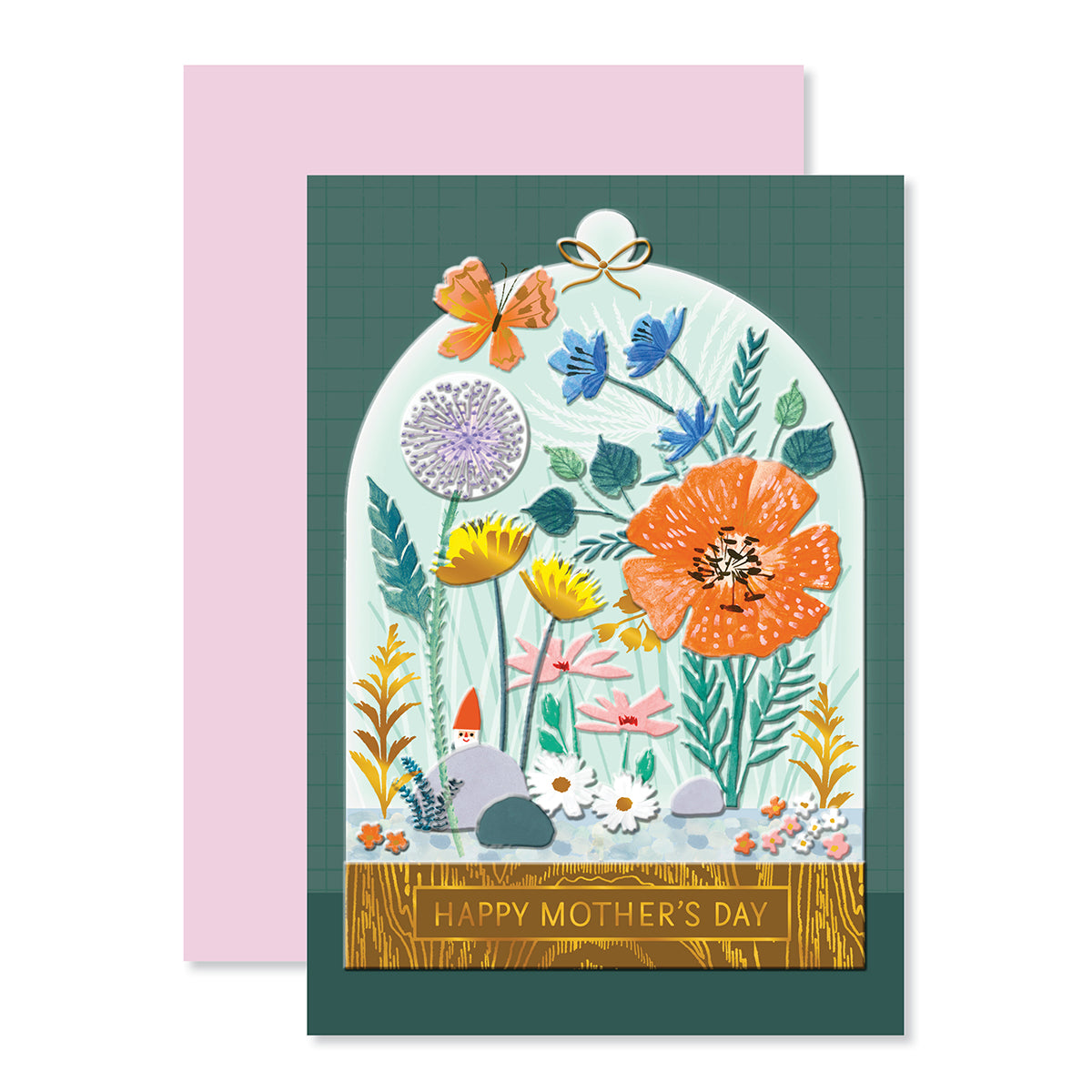 Hallmark Mother's Day Card - Every Little Corner featuring colourful floral design with butterflies and gnome in terrarium setting.