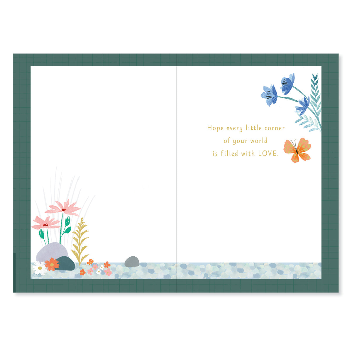 Hallmark Mother's Day Card - Every Little Corner inside view with colourful floral illustrations and butterfly design.