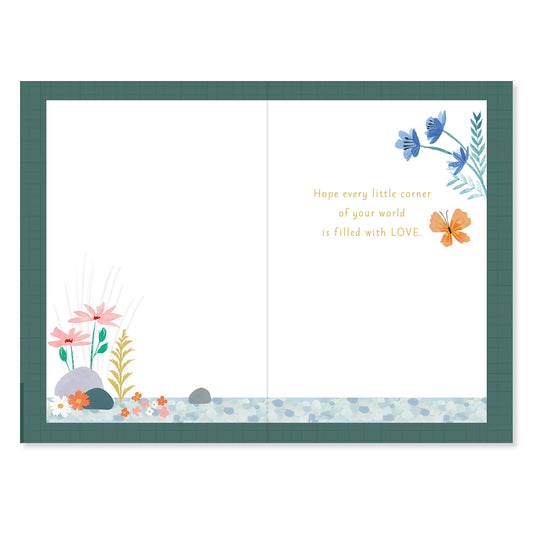 Hallmark Mother's Day Card - Every Little Corner inside view with colourful floral illustrations and butterfly design.