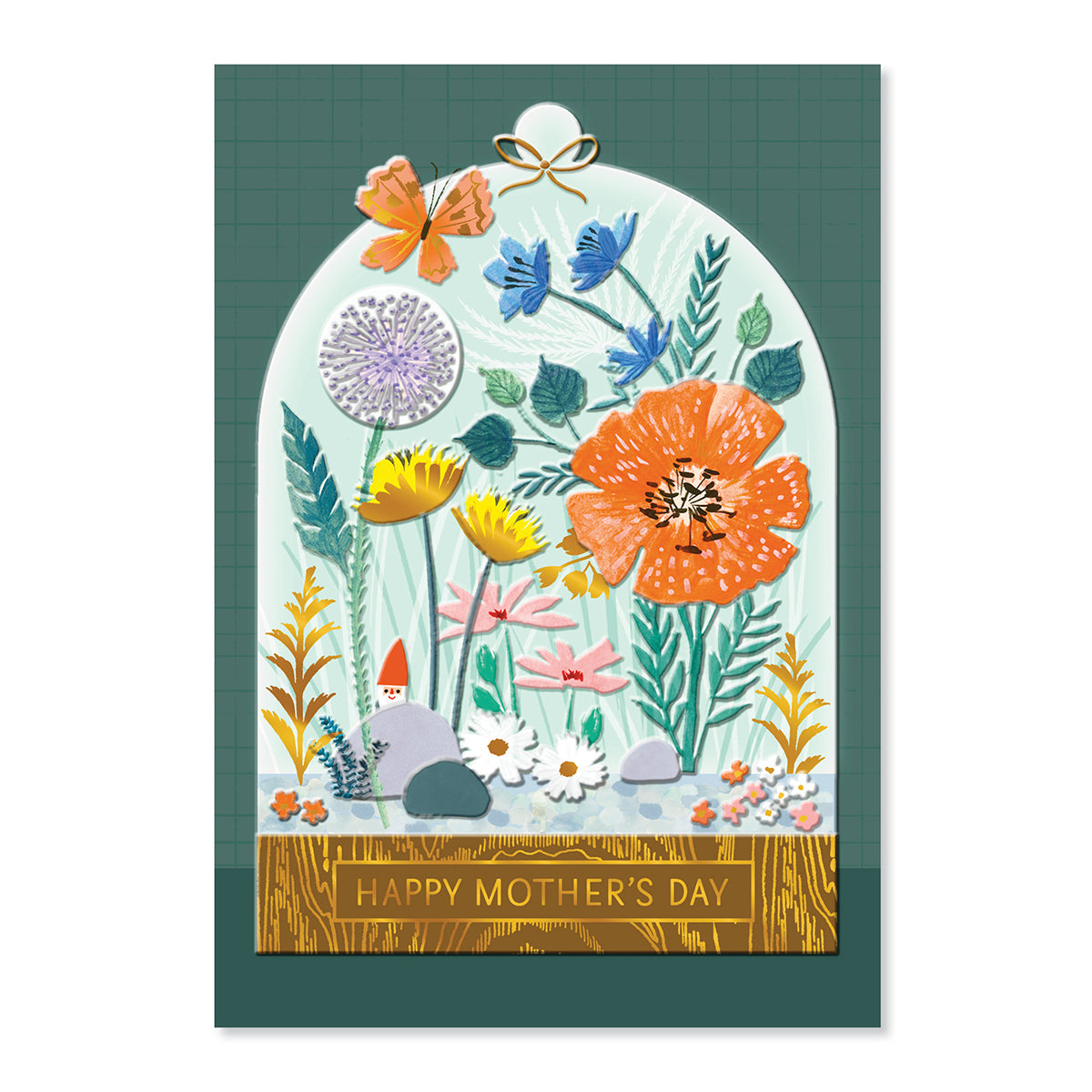 Hallmark Mother's Day Card - Every Little Corner featuring a colourful terrarium illustration with flowers, gnome, and gold foil lettering.