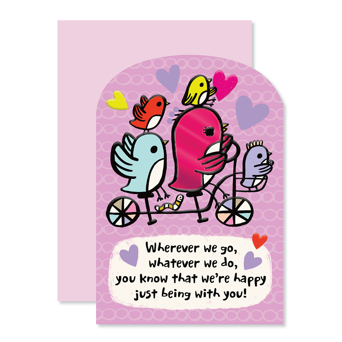 Hallmark Mother's Day Card - Happy With You featuring colourful birds riding a bicycle with foil accents, whimsical design on a pastel background.
