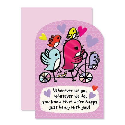 Hallmark Mother's Day Card - Happy With You featuring colourful birds riding a bicycle with foil accents, whimsical design on a pastel background.
