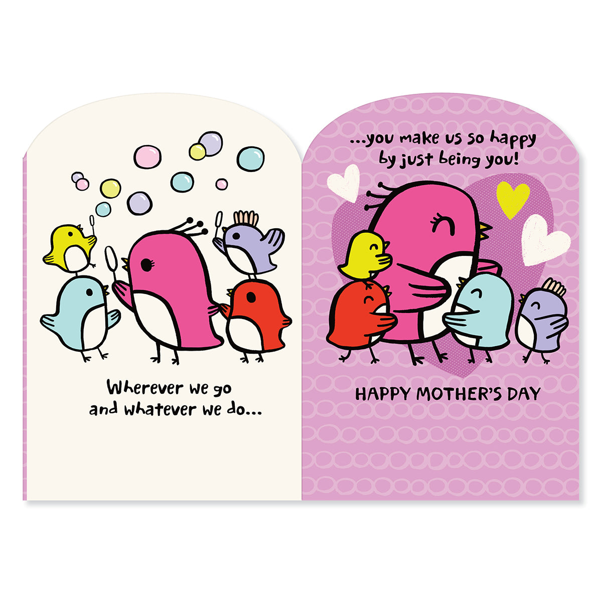 Hallmark Mother's Day Card - Happy With You featuring colourful cartoon birds on pastel background with heartfelt message inside.