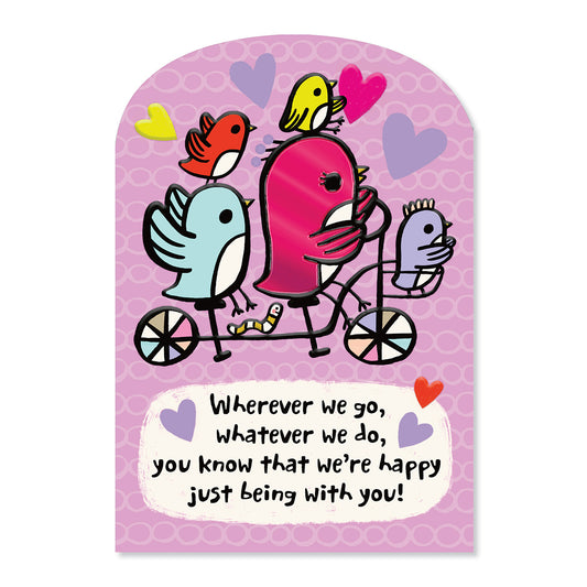 Hallmark Mother's Day Card - Happy With You, colourful design featuring birds on a bicycle with foil highlights and heart illustrations.