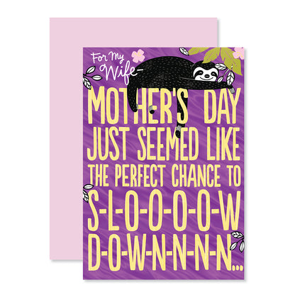 Hallmark Mother's Day Card - Slow Down with sloth illustration and purple foil highlights, front view on pink background.