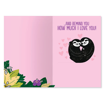 Hallmark Mother's Day Card - Slow Down, open view featuring pink interior with sloths and hearts illustration.
