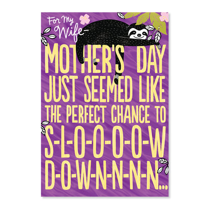 Hallmark Mother's Day Card - Slow Down featuring a sloth illustration and purple foil highlights on the front.