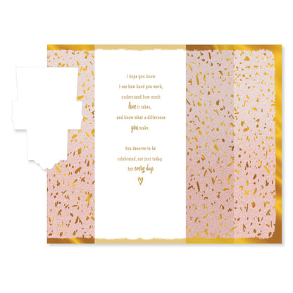 Hallmark Mother's Day Card - Celebrate Every Day, inside design displaying gold foil and confetti illustrations, heartfelt message