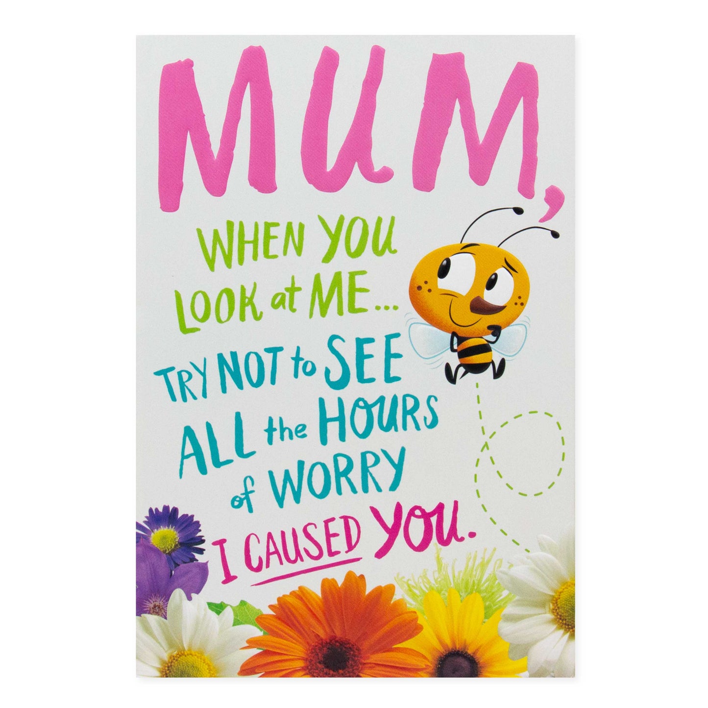 Hallmark Mother's Day Card - Character Builder featuring embossed typography, illustration of a bee, and colourful floral accents.