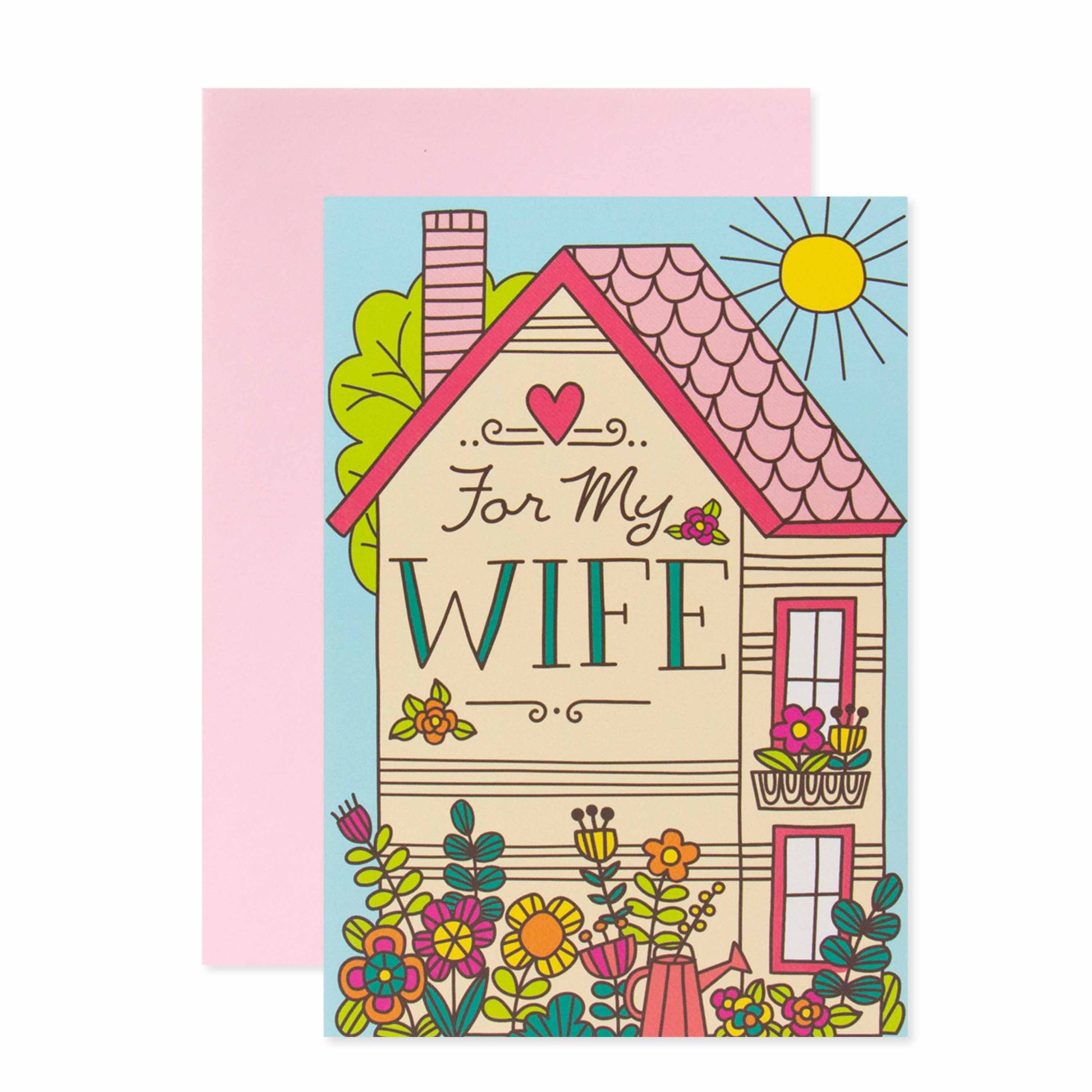 Hallmark Mother's Day Card For Wife - Heart Of Our Home with colourful house illustration and floral details, front view.