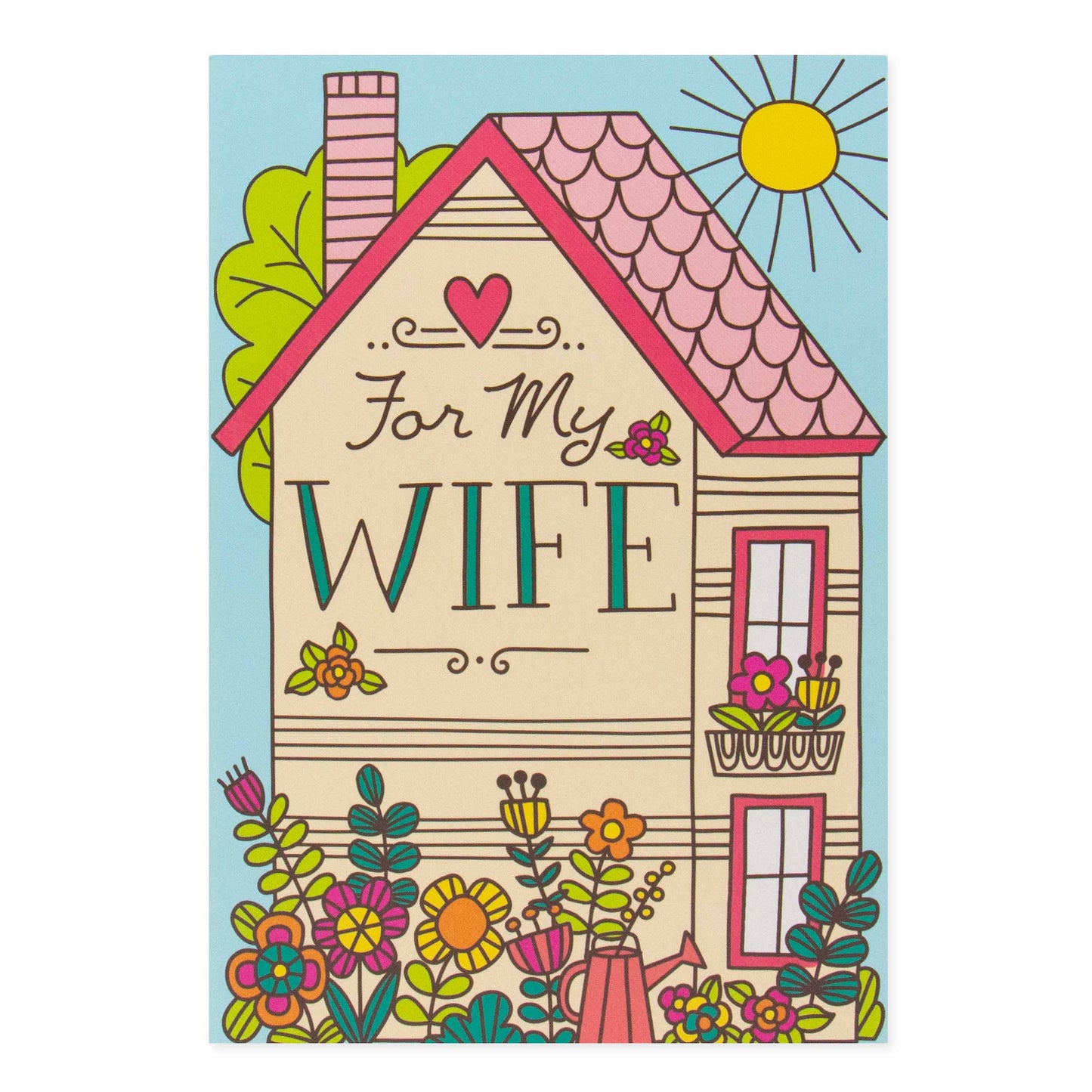 Hallmark Mother's Day Card For Wife - Heart Of Our Home with colourful house illustration and floral design, flat lay view.