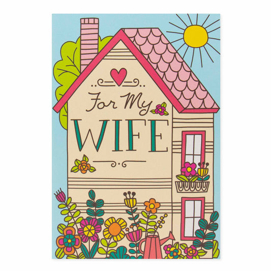 Hallmark Mother's Day Card For Wife - Heart Of Our Home with colourful house illustration and floral design, flat lay view.