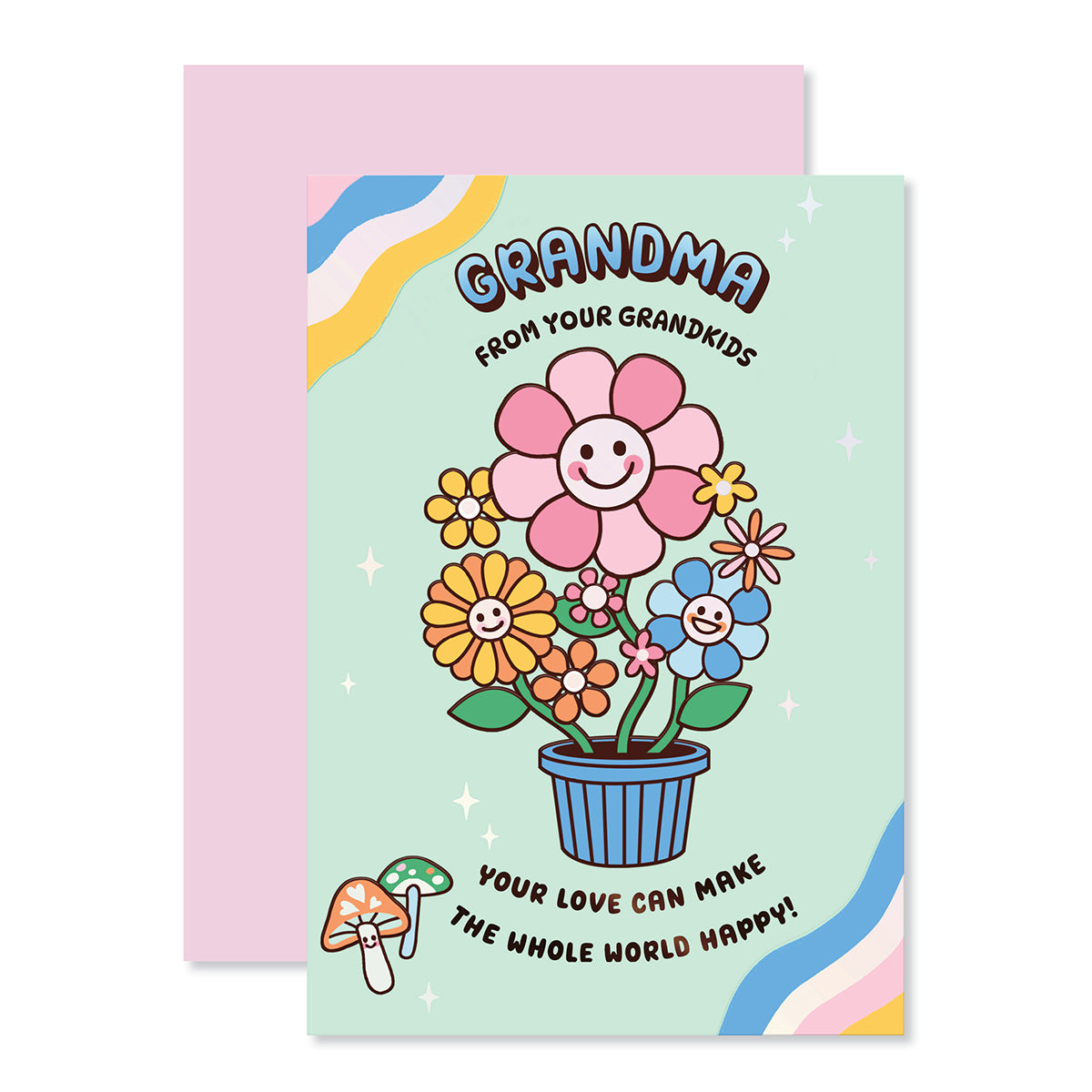 Hallmark Mother's Day Card For Grandma - From Grandkids featuring cheerful illustration of smiling flowers and mushrooms, flat lay view with pink envelope.