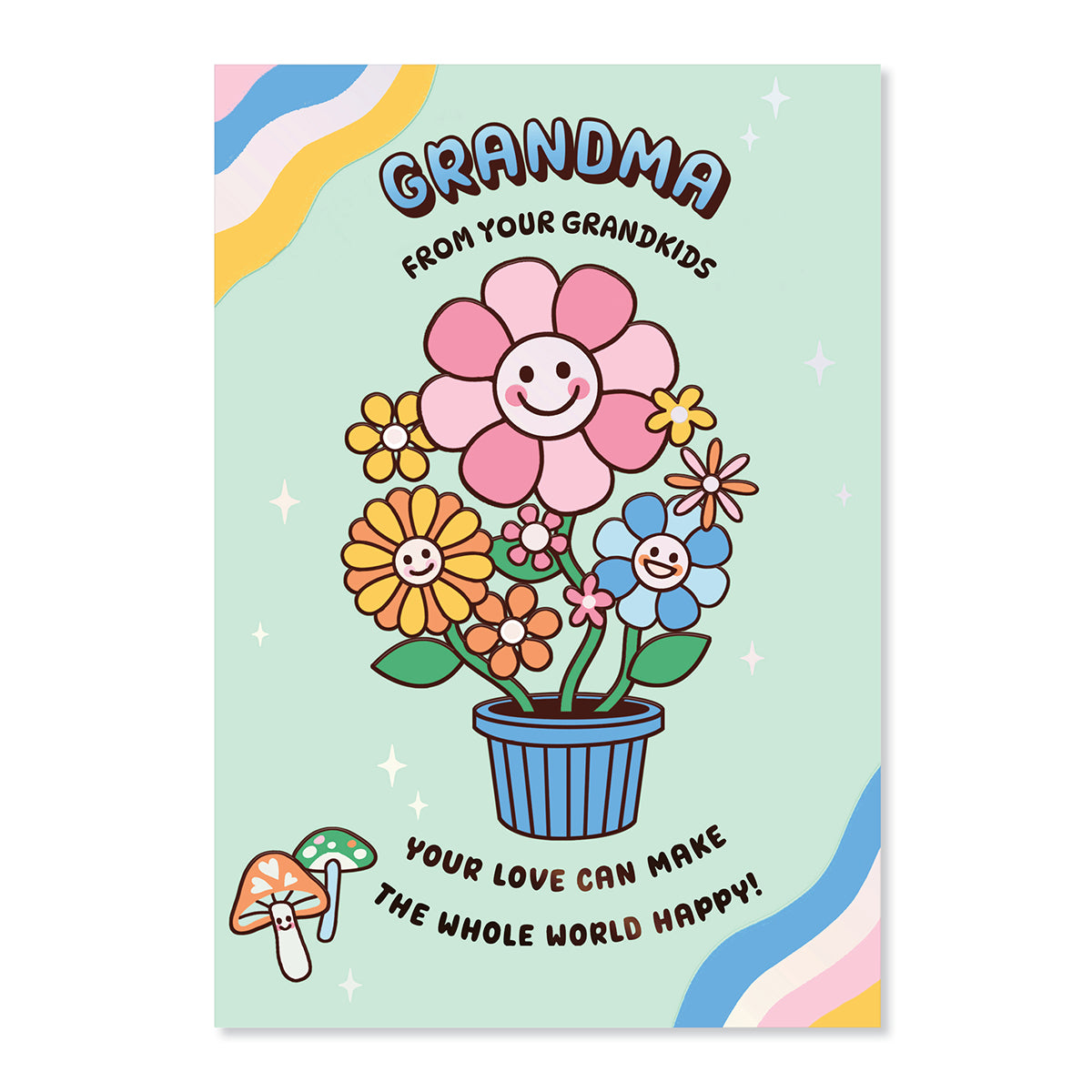 Hallmark Mother's Day Card For Grandma - From Grandkids featuring cheerful flowers in a pot with smiling faces and colourful background design.