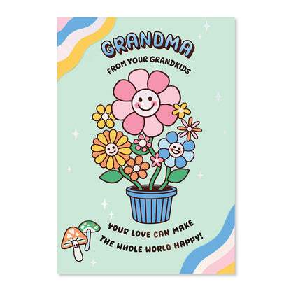 Hallmark Mother's Day Card For Grandma - From Grandkids featuring cheerful flowers in a pot with smiling faces and colourful background design.
