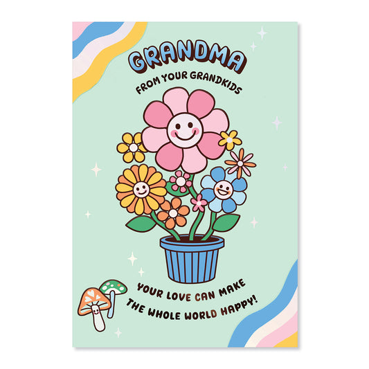 Hallmark Mother's Day Card For Grandma - From Grandkids featuring cheerful flowers in a pot with smiling faces and colourful background design.