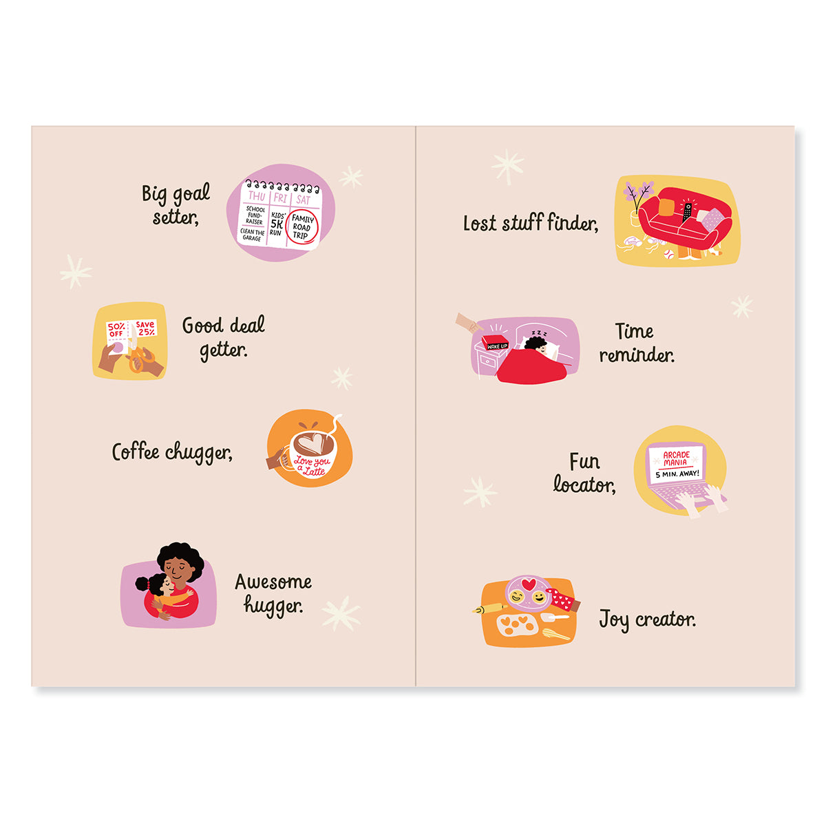 Hallmark Mother's Day Card for Wife - Awesome Mother, opened view showing inside text and illustrations, featuring fun messages and designs.