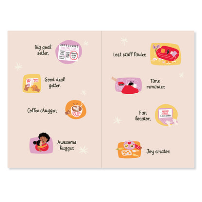 Hallmark Mother's Day Card for Wife - Awesome Mother, opened view showing inside text and illustrations, featuring fun messages and designs.