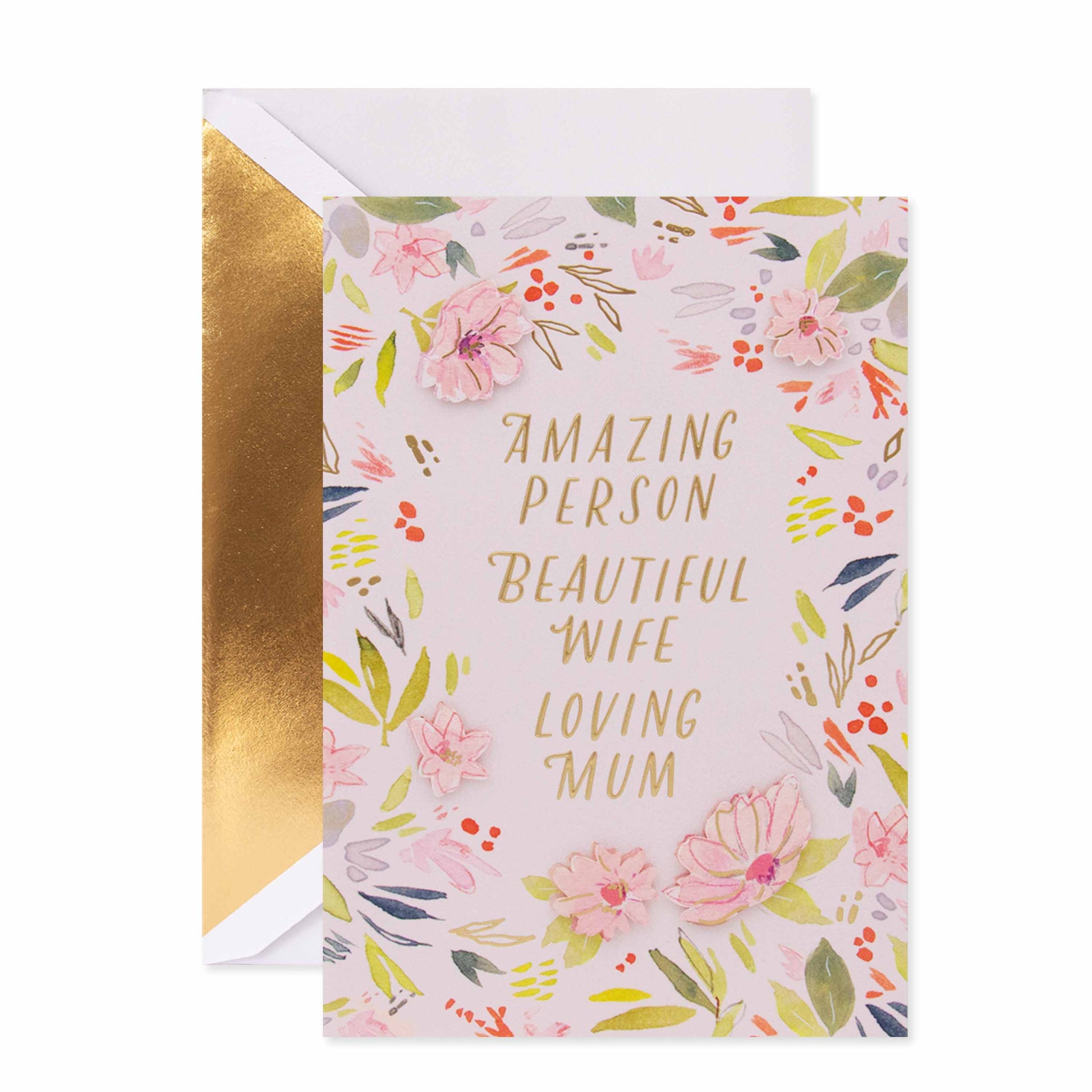 Hallmark Signature Mother's Day Card For Wife - Amazing, Beautiful, Loving, flat lay view with floral illustrations and gold foil details.