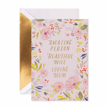 Hallmark Signature Mother's Day Card For Wife - Amazing, Beautiful, Loving, flat lay view with floral illustrations and gold foil details.