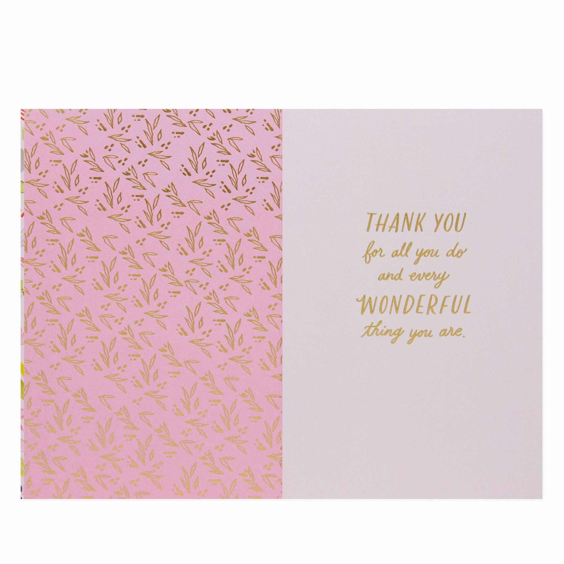 Hallmark Signature Mother's Day Card For Wife - Amazing, Beautiful, Loving with gold foil lettering and floral design, flat lay orientation.