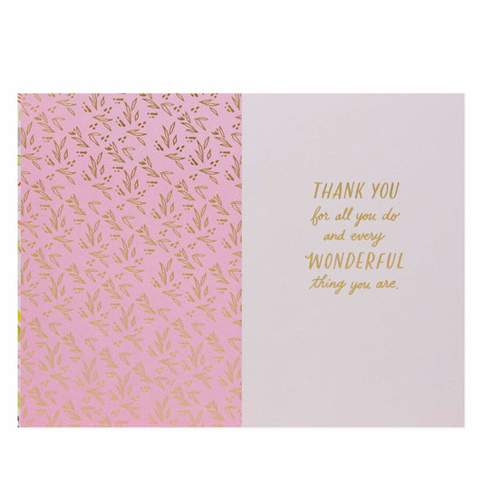 Hallmark Signature Mother's Day Card For Wife - Amazing, Beautiful, Loving with gold foil lettering and floral design, flat lay orientation.
