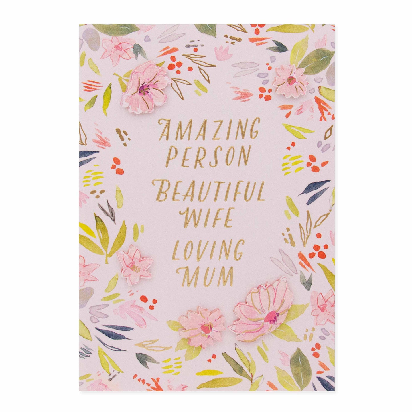 Hallmark Signature Mother's Day Card For Wife - Amazing, Beautiful, Loving featuring floral illustrations and gold foil lettering, flat lay view.