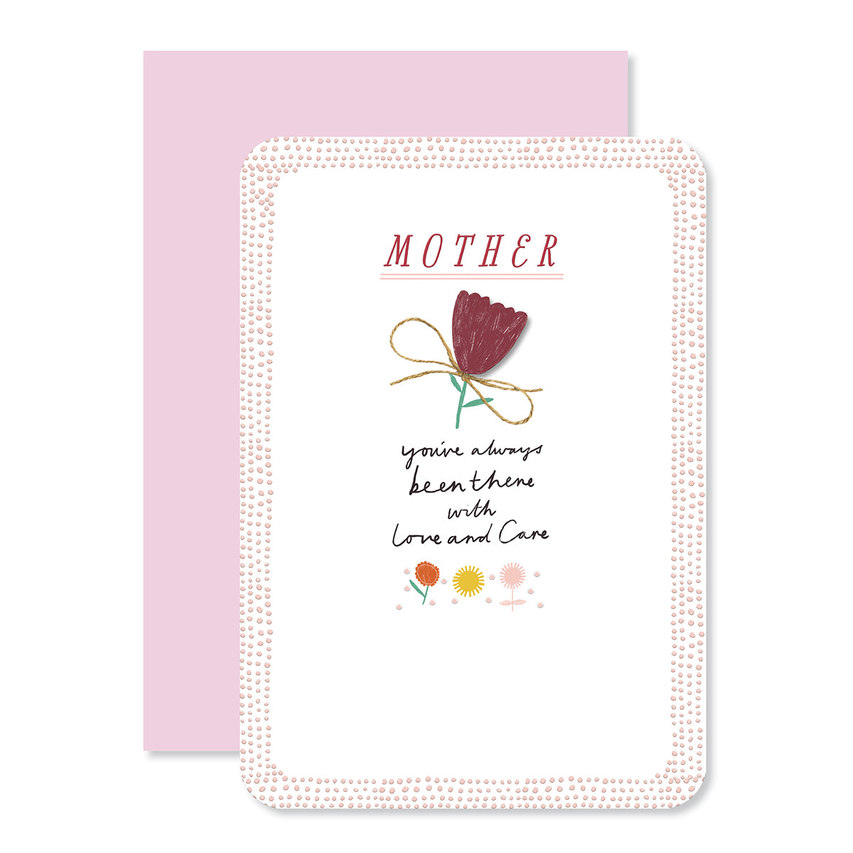 Hallmark Mother's Day card - Love & Care featuring embossed flower design and heartfelt message, flat lay with pink envelope.