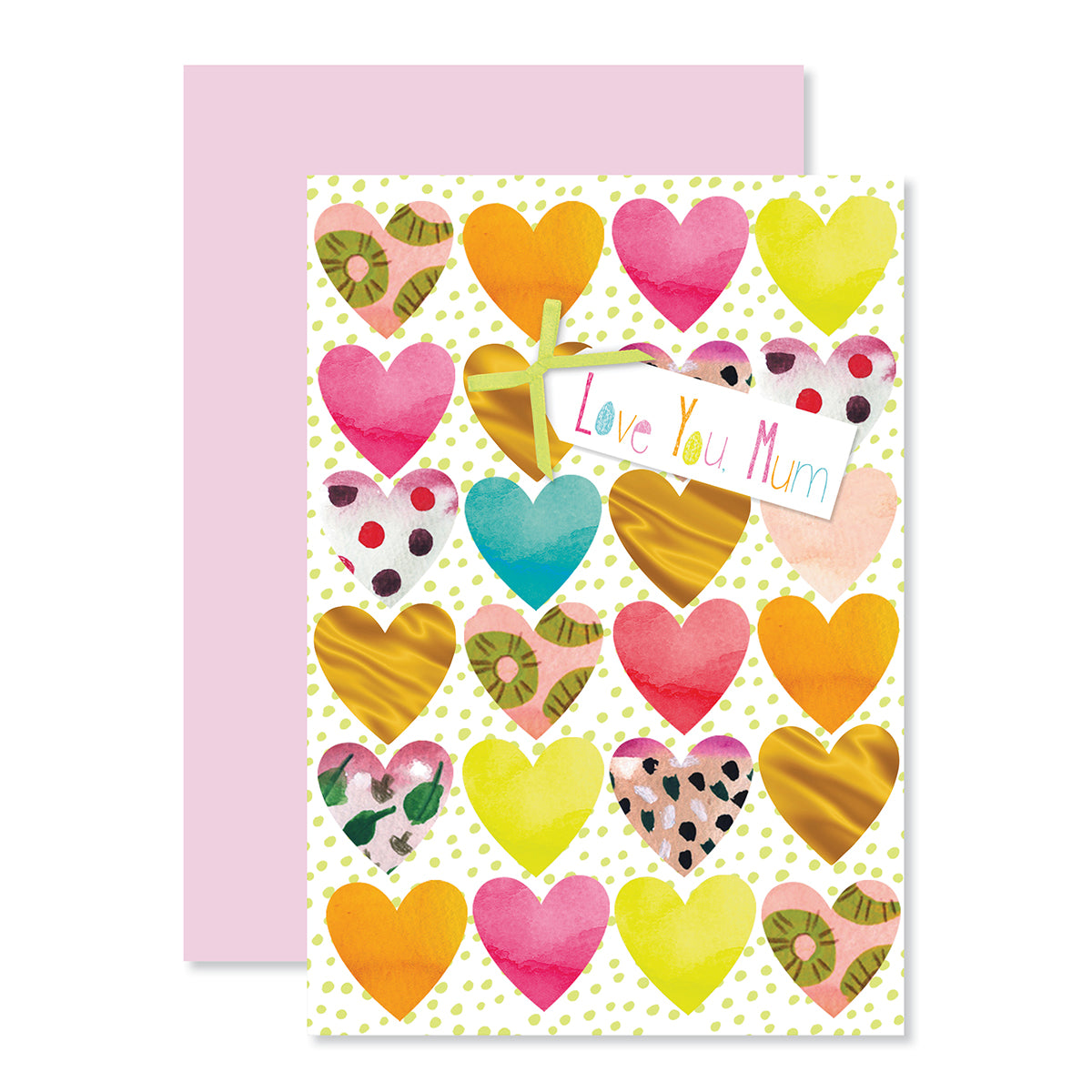 Hallmark Mother's Day Card - Colourful Hearts with bright love hearts, gold foil and a pink envelope, flat lay view.