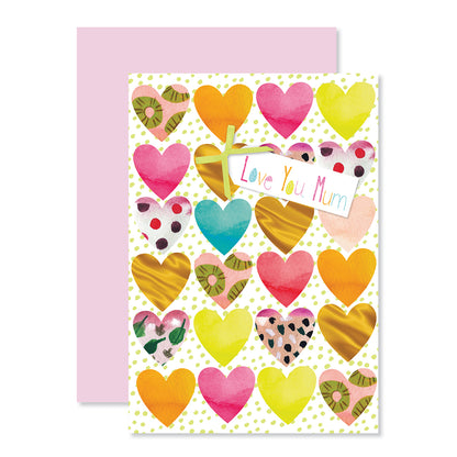Hallmark Mother's Day Card - Colourful Hearts with bright love hearts, gold foil and a pink envelope, flat lay view.