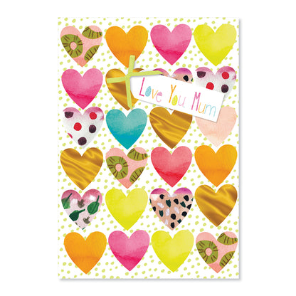 Hallmark Mother's Day Card - Colourful Hearts featuring vibrant patterned hearts and gold foil accents on a polka dot background.