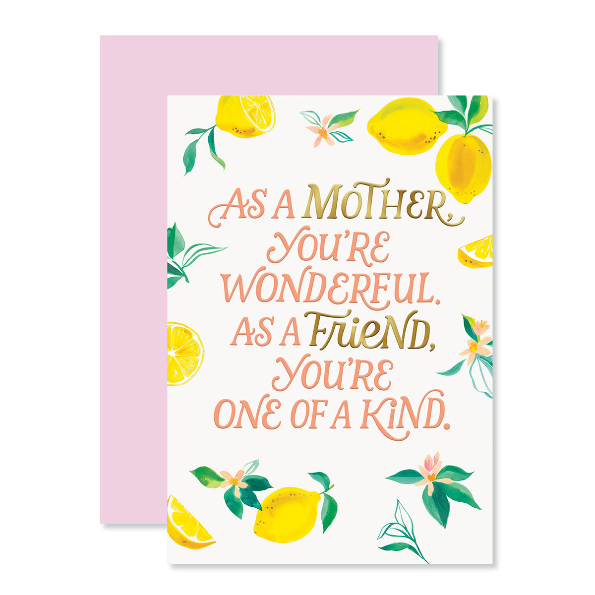 Hallmark Mother's Day Card From Friend - One Of A Kind, vibrant card featuring lemon illustrations and gold foil text on a white background.