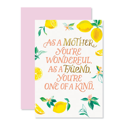 Hallmark Mother's Day Card From Friend - One Of A Kind, vibrant card featuring lemon illustrations and gold foil text on a white background.