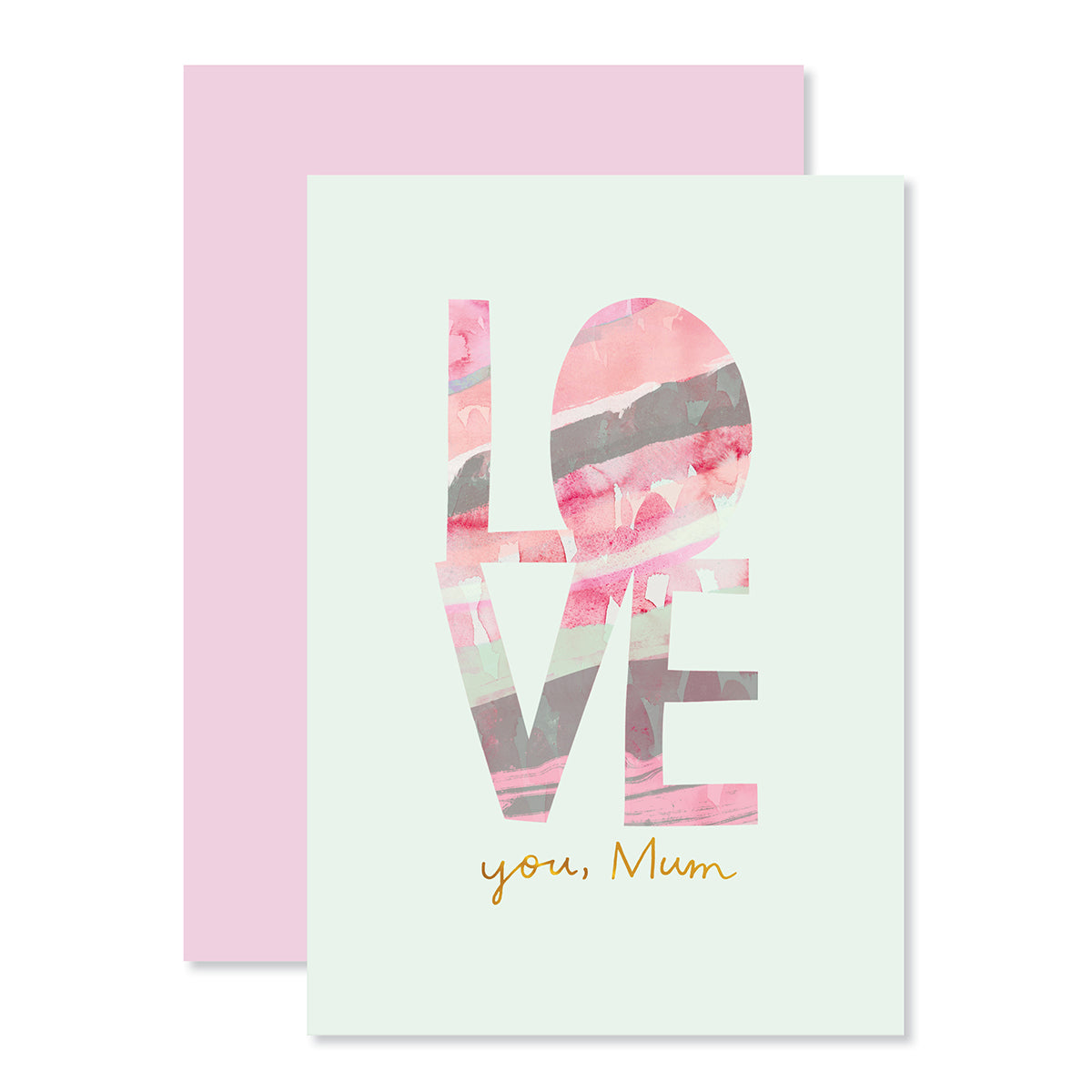 Hallmark Mother's Day Card - Can't Say It Enough featuring pink watercolour lettering and gold foil highlights on a mint background.