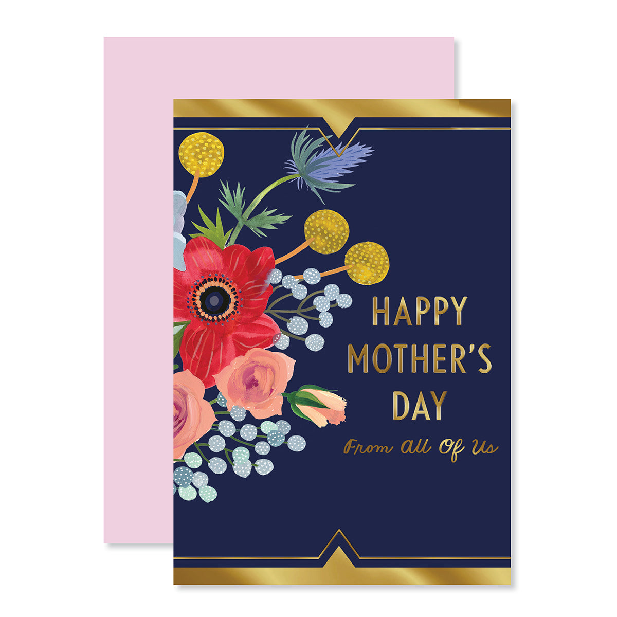 Hallmark Mother's Day Card From All Of Us - So Lucky with gold foil highlights and floral illustration on navy background, flat lay view.