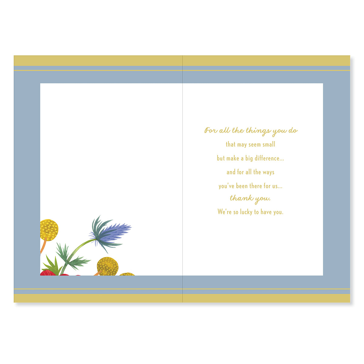 Hallmark Mother's Day Card From All Of Us - So Lucky interior view featuring floral illustrations, gold foil text, and blue background.
