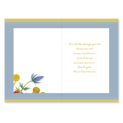 Hallmark Mother's Day Card From All Of Us - So Lucky interior view featuring floral illustrations, gold foil text, and blue background.
