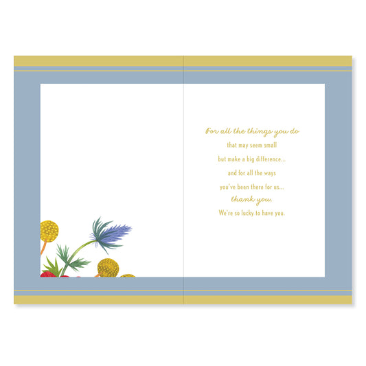 Hallmark Mother's Day Card From All Of Us - So Lucky interior view featuring floral illustrations, gold foil text, and blue background.