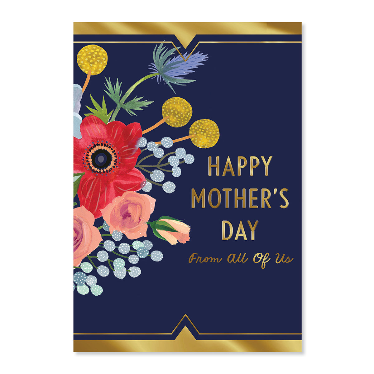 Hallmark Mother's Day Card From All Of Us - So Lucky featuring a floral design with gold foil accents and anemones on a navy background.