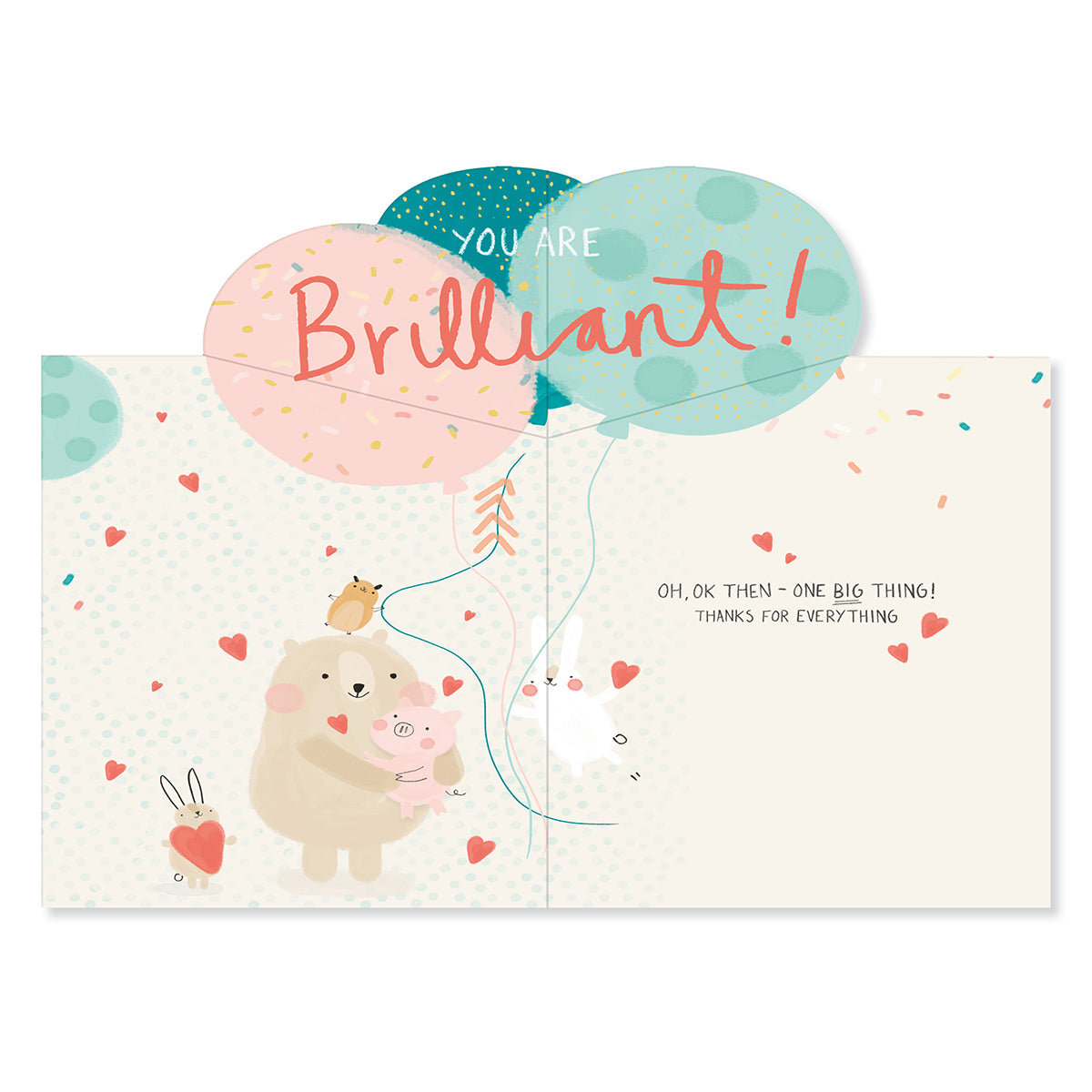 Hallmark Mother's Day Card - You Are Brilliant, pop up design with cute animals and colourful balloons, inside view.
