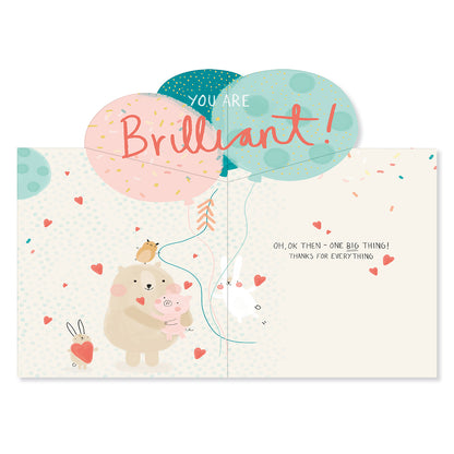 Hallmark Mother's Day Card - You Are Brilliant, pop up design with cute animals and colourful balloons, inside view.