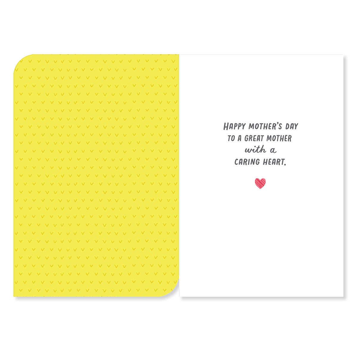 Hallmark Mother's Day Card - A Mother's Heart, open view showing yellow patterned interior and heartfelt message for mum.